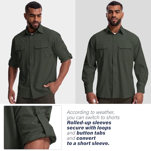 Mens Safari Sun Shirts UPF 50+ UV Sun Protection Long Sleeve Outdoor Quick Dry Fishing Hiking Gardening Shirts - color: 5051 Army Green, size: Medium