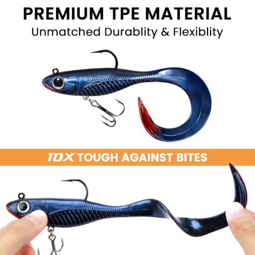 TRUSCEND Duramax TPE Soft Fishing Lures with BKK Hooks, Easy Catch Curly & T-Tail for Trembly Sinking & Vibrating Swim, UV or Glow Effect for All Conditions, Pre-rigged Swimbait for Bass Trout Crappie - color: A4-6'',1-3/4oz
