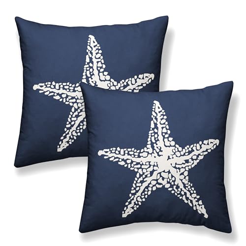 Navy Blue Coastal Pillow Covers 16x16 Inch 2 Pcs Summer Sea Starfish Decor Throw Pillows Nautical Beach Ocean Themed Outdoor Holiday Decoration Pillowcase Linen Cushion Cover for Couch Sofa - color: Starfish Navy Blue, size: 16" x 16" (Pack of 2)