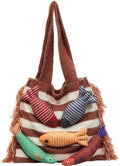 Knitted Beach Shoulder Bag for Women 3D Fish Bohemian Tote Versatile Purse Soft Hobo Handbag for Summer Vacation 2026 - color: C Brown