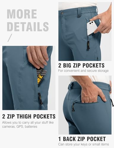 TBMPOY Men's Lightweight Hiking Pants with Belt 5 Zip Pockets Waterproof Quick-Dry Travel Fishing Work Outdoor Pants - color: A4-thin Stone Blue, size: X-Large