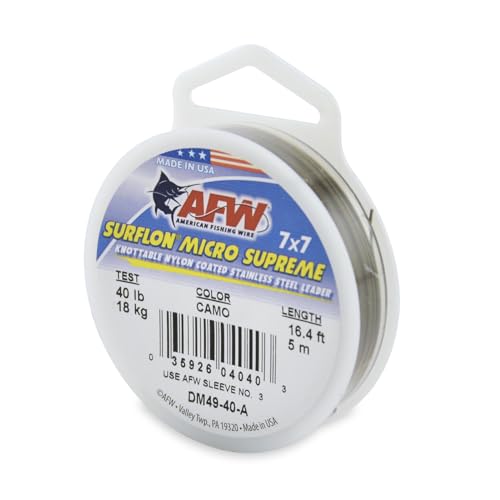 American Fishing Wire Surflon Micro Supreme Nylon Coated 7x7 Stainless Steel Leader Wire - Knottable Wire Leaders for Fishing Saltwater, Fly Fishing, 13lb Test - 90lb Test, Bright, Black & Camo Colors - color: Camo, style: 5 Meter, 40 Pound Test