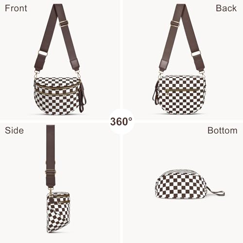 Checkered Nylon Crossbody Bag Bum Bag for Women Mom Large Checkered Fanny Packs with Adjustable Strap - color: Brown Checkered