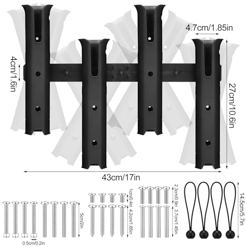 Adjustable Fishing Rod Holders for Golf Cart 4 Tube Wall Mounted Fishing Rod Holders for Boat, Bike, Garage, Kayak, Crate, Wagon & Rv, with Mounting Screws and Elastic Cords - color: Black