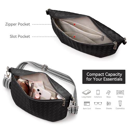 KALIDI Woven Crossbody Bags for Women Travel Vegan Leather Fanny Packs for Woman Cross Body Purse Fashion Belt Bum Bag with Wide Strap - color: Black
