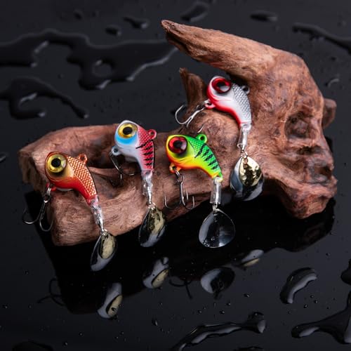 Goture Fishing Lures VIB Tail Spinners Bait Set, Two-Way Spinning Spoon System with Kona Treble Hook, Fixed Tube Anti-Tangle, 3D Eyes Sinking Lures with Tackle Box, Fishing Jigs Fishing Spinner Blade - color: 1/2 oz - 4 Pcs with Box