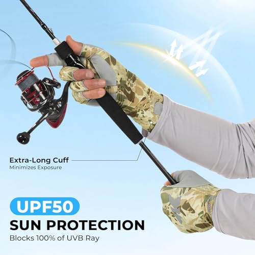 KastKing Agies Fishing Gloves Men, UPF 50+ Sun Gloves UV Protection, Cooling Quick-Dry 3/4 Fingerless Gloves with Extended Cuff, Microfiber Palm & Pull Tabs, for Fishing, Kayaking, Hiking, Hunting - color: X Camo-Multi Purpose, size: Large-X-Large