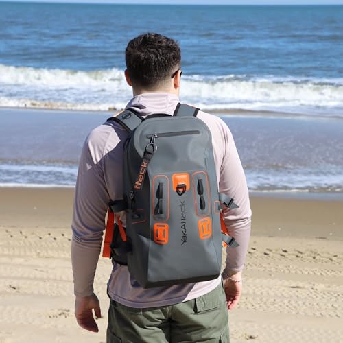 YakAttack 28L DryPak Waterproof Backpack - Grey/Orange | Floating Marine Dry Bag Pack with Padded Straps for Kayaking, Fishing & Hiking | 10" x 22" x 12" | Lightweight Outdoor Gear & Storage Drybag - color: Grey/Orange, style: Drypak