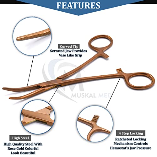Set of 2 Curved & Straight 6.25" Hemostat Set (Rose Gold) - Stainless Steel Locking Tweezer Clamps - Ideal Hemostats for Nurses, Fishing Forceps, Crafts and Hobby