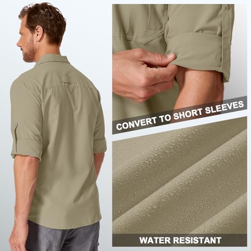 Men's Sun Protection Safari Fishing Shirts Long Sleeve UPF50+ UV Quick Dry Lightweight Cooling Hiking Travel - color: Khaki, size: X-Large