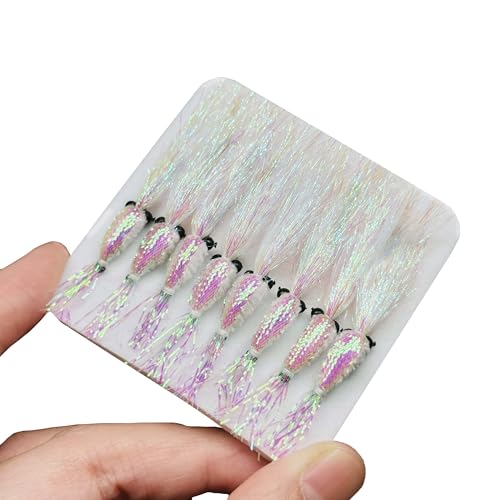 8Pc Bionics Crystal Flash Silk Shrimp Artificial Lures Fly Fishing Flies Saltwater Freshwater Bait Fishing for Bass Trout Salmon Hook Size #6 - color: Silvery