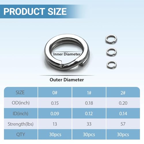 Split Rings Fishing 90Pcs Heavy Duty Stainless Steel Split Rings Designed for Fishing Lures Treble Hooks and Tackle Connectors in Freshwater and Saltwater