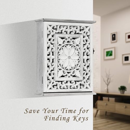 Wooden Key Holder for Wall, Key Box Key Cabinet, Key Hooks Wall Mounted Key Hangers Rustic Decorative Key Rack with 6 Key Hooks for Home Office Entryway Hallway Bedroom Living Room - color: Retro White