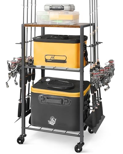 Olakee Fishing Rod Holders, Rolling Fishing Rod Rack for Garage & Boat, Tackle Box & Reel Holder Cart, Easy Assembly Fishing Gear Management System, Ideal Birthday Gift for Men Dad Anglers - color: 8 Rods,Carbonized Black