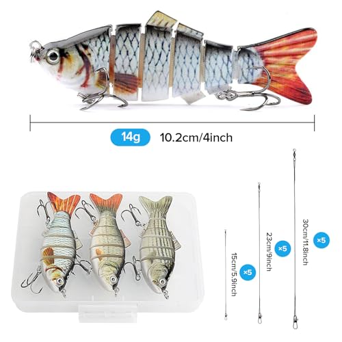 Realure 3 Pack Multi-Jointed Pike Swimbaits, 10.2cm 14g Slow Sinking Articulated Lures with Multi-Size Fishing Leaders, 3D Lifelike Glide Baits for Pike Muskie Bass Freshwater Saltwater