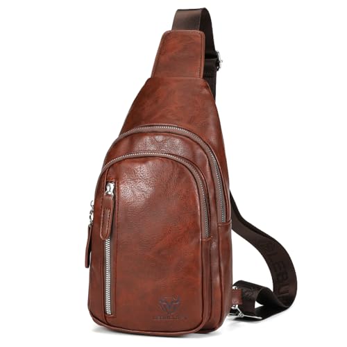 Crossbody Bags for Men Leather Sling Bags Mens Chest Bag Backpack Travel Hiking Fishing Outdoor Sports - color: Dark Brown