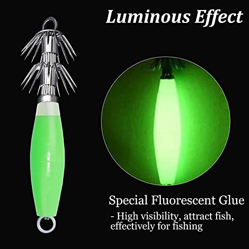 Luminous Squid Jig Hooks Saltwater Glow Squid Jigs Fluoresent Cuttlefish Sleeve Fishing Jigs Squid Hard Night Fishing Bait Octopus Lure Glow in Dark Green Color - color: 5pcs