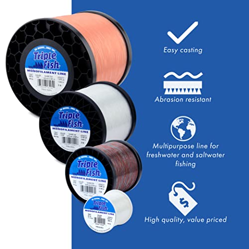 Triple Fish Monofilament Fishing Line - Strong Clear Pink Camo Color for Trolling, Bottom Fishing, Casting Main Line Catfish, Bass - color: Clear, style: 30 Lb Test / 2 Lb Spool