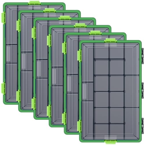 Wonderjune 6 Pack Fishing Tackle Boxes Waterproof 3600 and 3700 Tackle Trays with Removable Dividers Plastic Storage Organizer Bait Vault Camouflage Box for Freshwater Saltwater (Green,3700) - color: Green, size: 3700