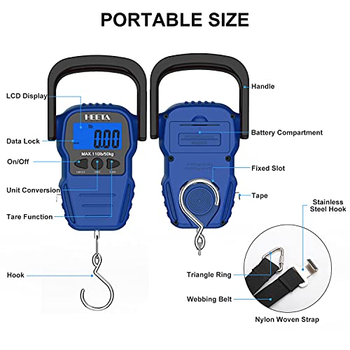 HEETA Fish Scale with Backlit LCD Display, Up to 110lb/50kg Digital Portable Hanging Fish Weight Scale with Hook & Measuring Tape for Home, Farm, Outdoor, Hunting, Fishing, 2 AAA Batteries Included - color: Blue