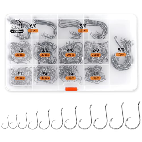 UCEC Circle Hooks Fishing Hooks 2X Strong Offset Circle Hooks Saltwater Black High Carbon Steel Octopus Catfish Hooks Fishing Gear Tackle 150pcs/ 240pcs - Size:#1 1/0 2/0 3/0 4/0 5/0 6/0 8/0 - color: Silver Assortment, size: 240pcs, #6 #4 #2 #1 1/0 2/0 3/