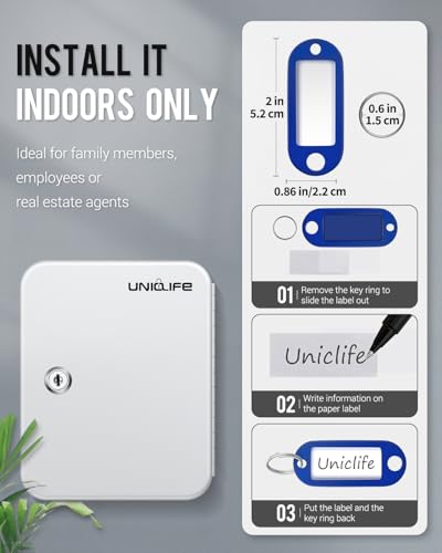 Uniclife 20 Position Key Cabinet with Key Lock Wall Mounted White Security Storage Box Steel Key Organizer with Colorful Key Tag Labels Identifiers Stickers and Hooks - color: White, size: 20-Key