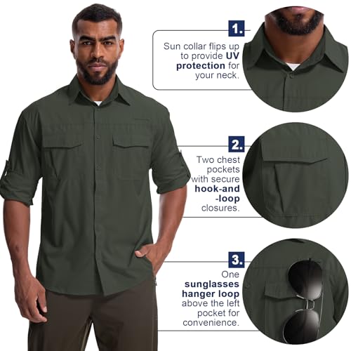 Mens Safari Sun Shirts UPF 50+ UV Sun Protection Long Sleeve Outdoor Quick Dry Fishing Hiking Gardening Shirts - color: 5051 Army Green, size: XX-Large