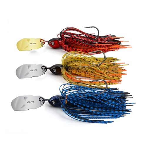 MadBite by KastKing Bladed Jig Fishing Lures, Multi-Color Kits, Irresistible Vibrating Action, Sticky-Sharp Heavy-Wire Needle Point Hooks, Popular 3/8 oz and 1/2 oz Sizes, Includes Storage Box - color: C: 3 Pack (3/8oz) - Muddy Water