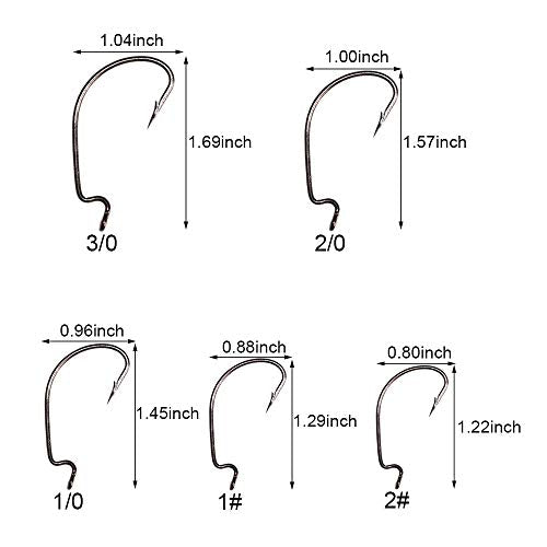 50pcs Offset Fishing Hooks Worm Hooks Black High Carbon Steel Senko Bait Fishing Hooks 5 Sizes 4/0 3/0 2/0 1/0 1#