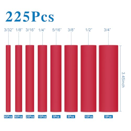 XHF UL Listed 225 Pcs 3:1 Waterproof Heat Shrink Tubing Kit Marine Grade Adhesive Lined Heat Shrink Tube, Insulation Sealing Oil-Proof Wear-Resistant Red - color: Red, size: 1(225PCS(3/32"-3/4"))-66.5ft