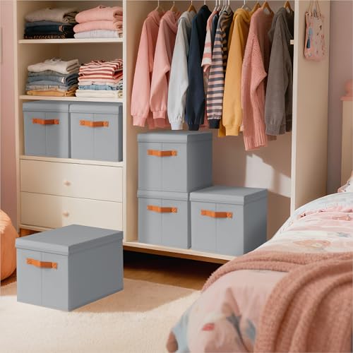 Homsorout Storage Bins with Lids - Large Fabric Closet Bins with Lid, 6 Pack Clothes Organizers and Storage, Collapsible Stackable Cube Basket for Home, Office, Dorm, Grey - color: Grey, size: XL(6-Pack)
