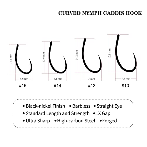 100Pcs Barbless Curved Nymph Caddis Fly Hooks, 10#16#, High Carbon Steel, Flat Point, Perfect for Bass, Trout, Salmon & More - size: 16#-100pcs