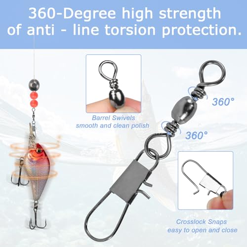 210PCS Fishing Swivels, 5 Sizes Barrel Swivels with Snaps, Fishing Swivels Saltwater Freshwater Snap Connector for Quick Connect Fishing Lures