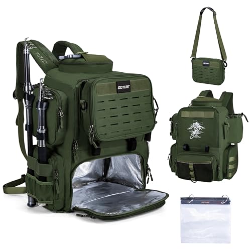 Goture Fishing Backpack, 58L 900D Water-Resistant Insulated Tackle Backpack with Cooler, Rod Holders, 8 Lure Pockets, Detachable Crossbody Bag, Gear Storage Large Fishing Bag for Camping Hiking - color: Green