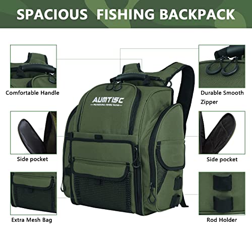 AUMTISC Fishing Tackle Bag Backpack for Men with 4 Tackle Boxes, 2 Rod Holder, Rain Cover, Large Fishing Equipment Gear Bags for Camping, Hiking