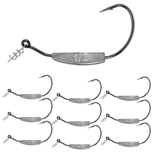 Reaction Tackle Weighted Swimbait Hooks - Weedless Belly Weighted Hooks with Twist Lock Bait Keeper for Soft Plastic Swimbaits - Bass Fishing Hooks (10-Pack) - size: 1/2oz 9/0