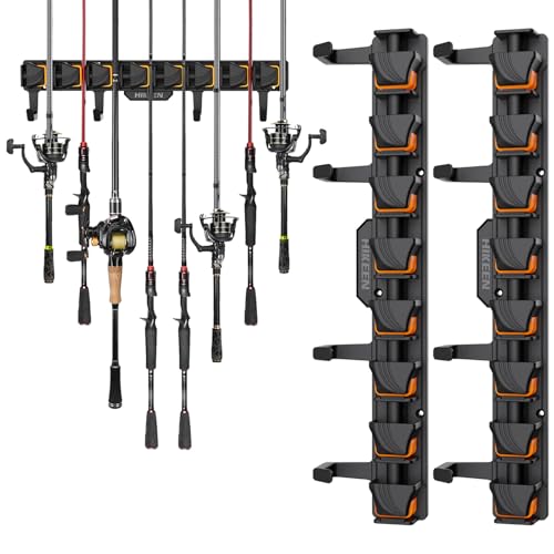Fishing Rod Holders, Wall Mounted Fishing Rod Rack, Fishing Pole Holder Holds Up to 8 Rods or Combos, Fishing Rod Holders for Garage with 4 Hooks, Fits Most Rods of Diameter 3-24mm - style: Orange-2Pack