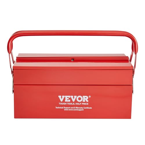 VEVOR Metal Tool Box, 14-inch, 2-Tier 3-Tray Portable Folding Tool Chest Organizer with Handle & Lock Hole, Powder Coated Steel, Cantilever Toolbox for Household Factory Warehouse Repair Shop, Red - style: 2 Tier-3 Tray