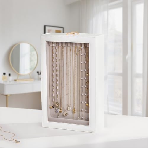 Lolalet Necklace Organizer Box, Jewelry Storage Box with Clear Window for Necklaces Bracelets, Tangle-Free Necklace Display Case for Women Girls, White, 2 Layers 20 Hooks - color: White, size: 2 Layers, 20 Hooks