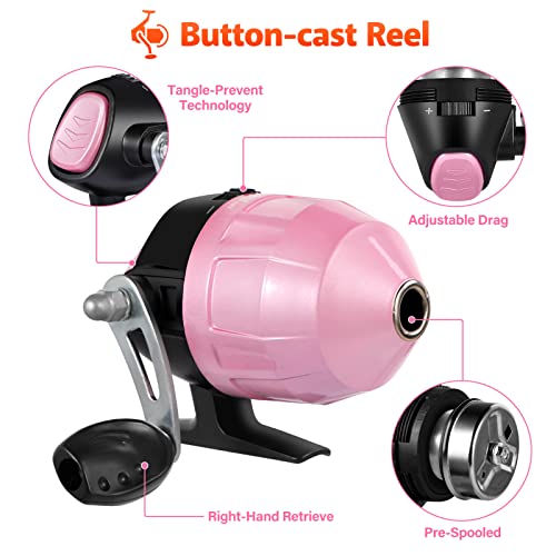 PLUSINNO Kids Fishing Pole with Spincast Reel Telescopic Fishing Rod Combo Full Kits for Boys, Girls, and Adults - color: Pink, size: 5FT / 1.5M