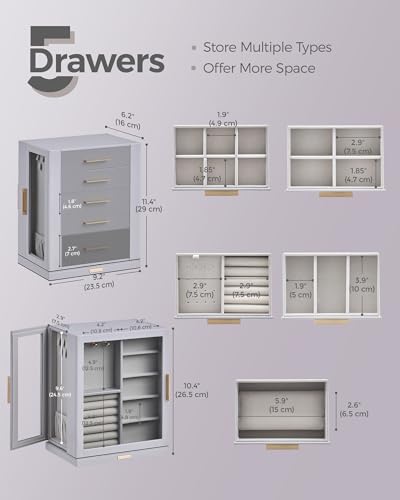 Glimmloop 360° Rotating Jewelry Box with 5 Drawers, Spacious Vertical Jewelry Organizer with Glass Window, Jewelry Storage Case, Dustproof & Moisture-resistant Design, Grey - color: Grey, size: 5 Drawers (6.2"D x 9.2"W x 11.4"H)