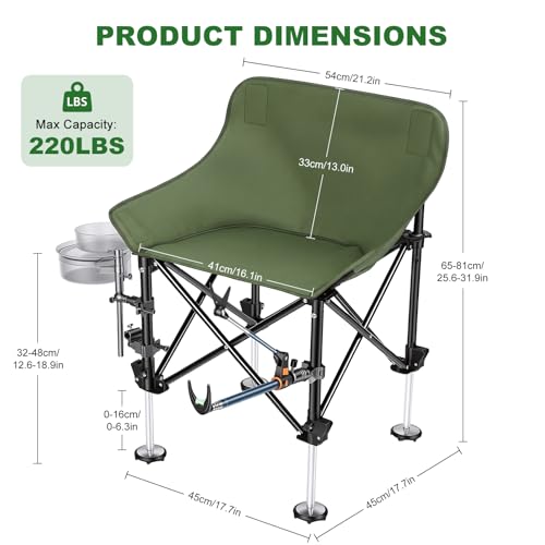 Folding Fishing Chair with Complete Accessories, Portable Camping Chair for Outdoor Fishing, 220LBS Load-Bearing, Non-Slip All-Terrain Design with Storage Bags, Carbon Steel Fishing Chair - color: Green
