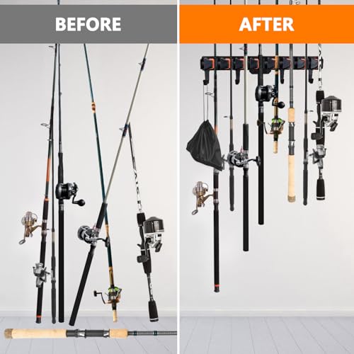Fishing Rod Holders, Wall Mounted Fishing Rod Rack, Fishing Pole Holder Holds Up to 8 Rods or Combos, Fishing Rod Holders for Garage with 4 Hooks, Fits Most Rods of Diameter 3-24mm - style: Orange-1Pack
