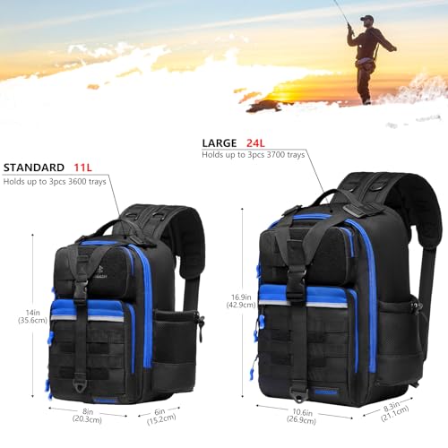 BASSDASH Convertible Fishing Backpack Sling Bag with Rod Holder, Adjustable Tactical Water-Resistant Tackle Storage Pack FP07 - color: Black/Royal Blue, size: Standard