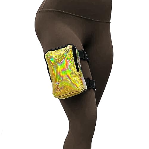 Holographic Thigh Bag | Leg Harness for Women | Outdoor Waist Pouch | Carnival Hiking Travel Fanny Pack with Adjustable Straps | Gold - color: Gold