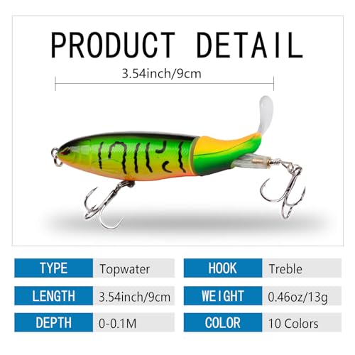 10Pcs Whopper Fishing Lure for Bass Popper Top Water Fishing Lures with Floating Rotating Tail Barb Treble Hooks in Saltwater Freshwater Plopping Lures Kit