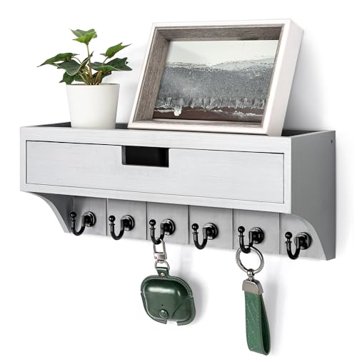Rebee Vision Modern Pine Wood Key Holder Wall Mount with Drawer Organizer – Mail Organizer with 6 Key Hooks and Storage Drawer – Apartment Essentials for Entryway and Home Decor(Gray) - color: Gray, style: 1-Drawer