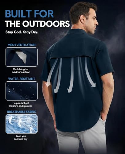 Haimont Men's UPF 50+ Short Sleeve Hiking Button Down Shirt | Quick-Dry Stretch, Mesh Back Vents, Rod Holder & Sunglasses Loops, Outdoor & Travel - color: Dark Blue, size: XX-Large