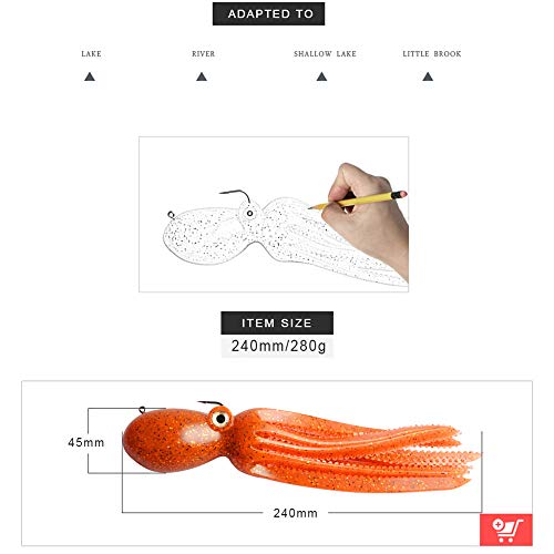 Artificial Octopus Swimbait, Skirt Tail Lure | 3.54/7.87/9.45in, jig head sinking trolling bait. Lingcod, bass, rockfish, saltwater. - color: Orange 9.45inch/8.47oz
