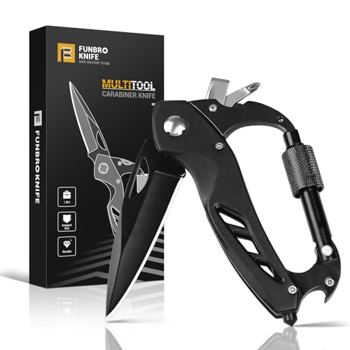 FUNBRO Multitool Carabiner with Pocket Knife, Stocking Stuffers Gifts for Men, EDC Carabiners with Folding Knives, Bottle Opener, Window Breaker and Screwdriver, Survival Gear for Camping Hiking - color: Black